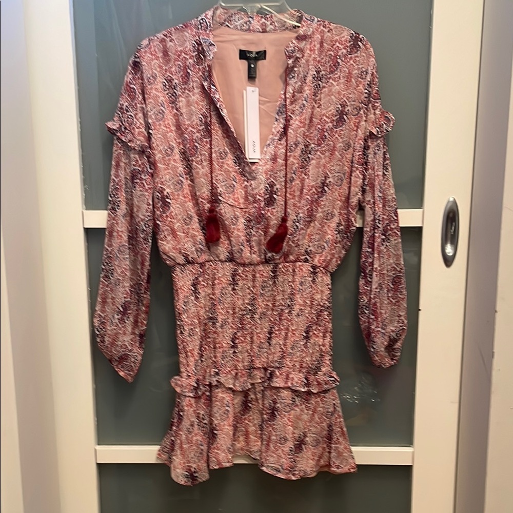 AQUA Pink Lined Patterned Ruffled Dress, Fairy Boho Peasant Dress, NWT